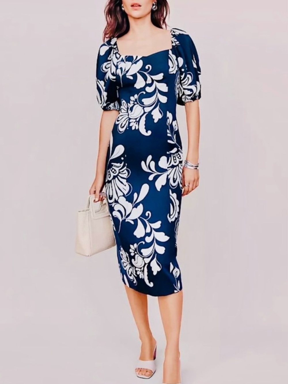 Ann Taylor Floral Puff Sleeve Midi Sheath Dress Navy White Size 6